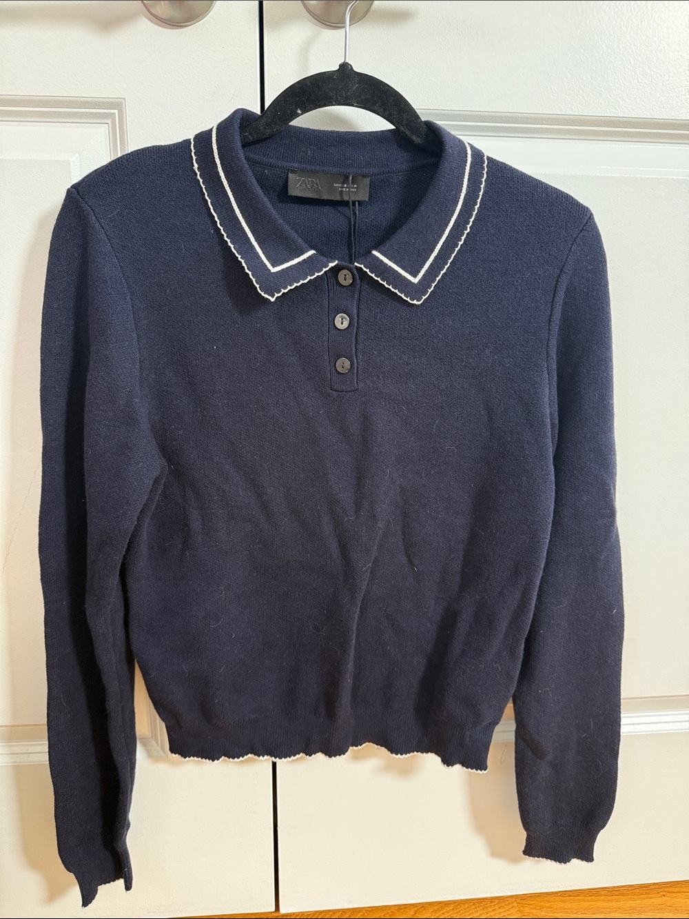 Zara Navy Knit Polo-Collar Sweater with White Trim